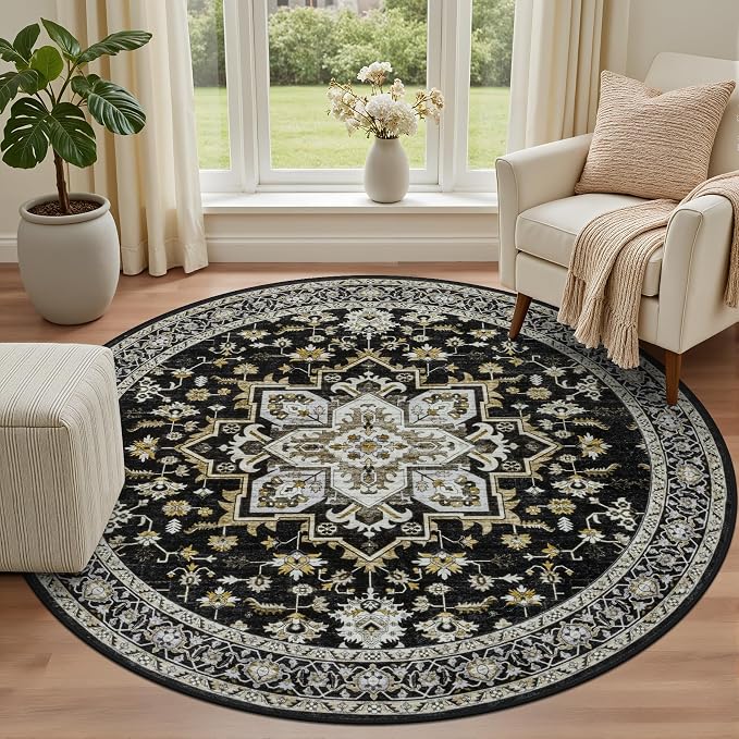Round Area Rug for Living Room: 6ft Boho Washable Rug Black Gold | Vintage Boho - Image 2