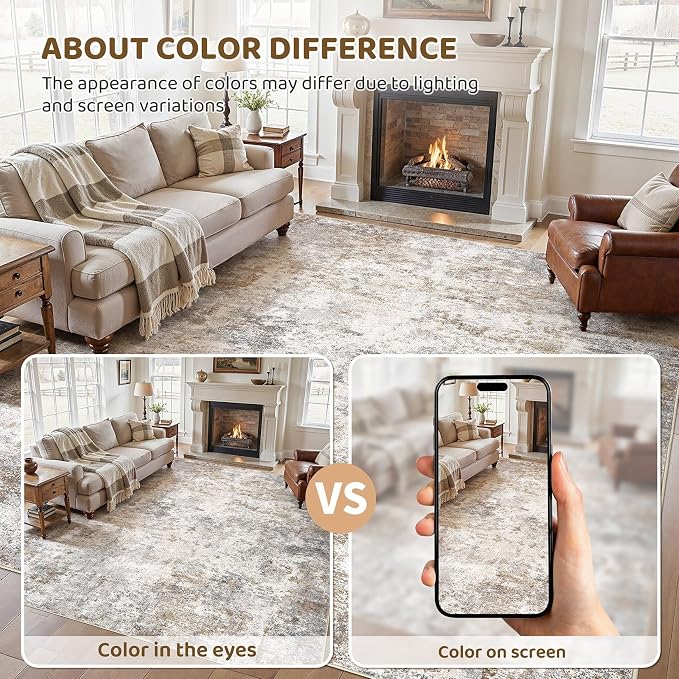UERMEI 7x10 Area Rug Living Room Rugs Washable Neutral Brown Grey Carpet | - Image 3