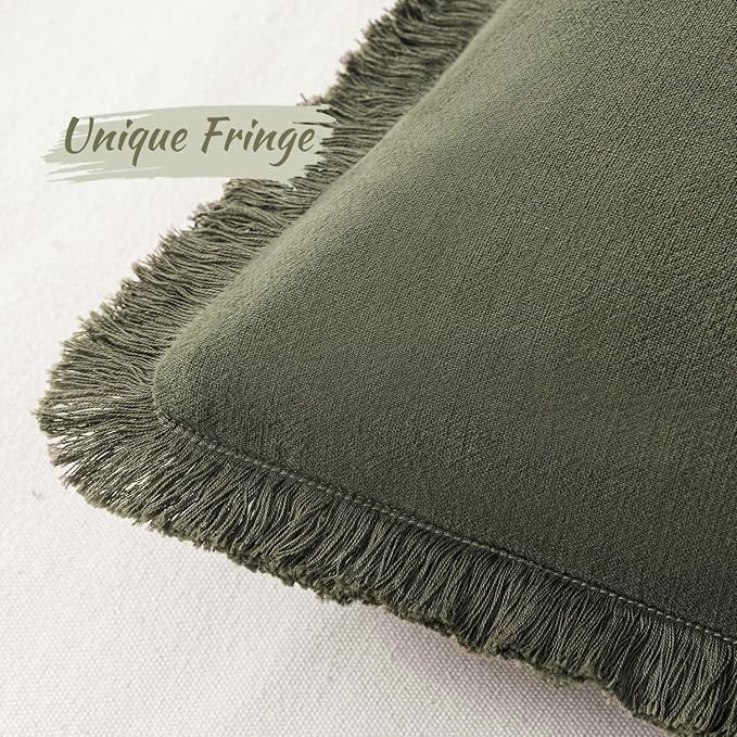 MIULEE Linen Fringe Decorative Euro Throw Pillow Covers Olive Green 26x26 | Set - Image 2