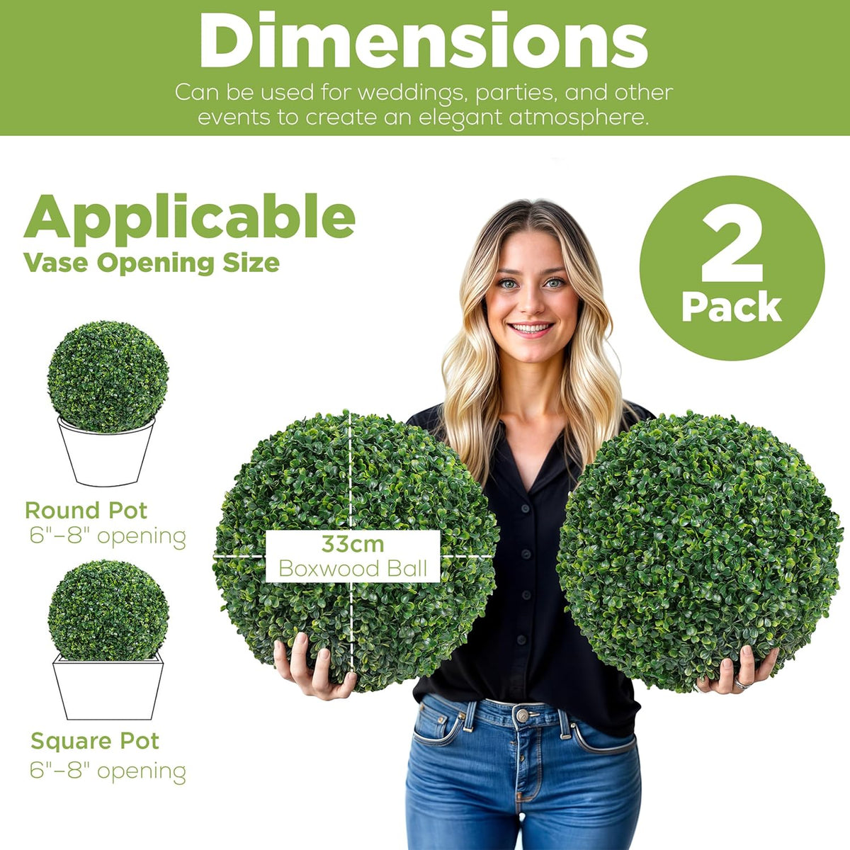 DRAY Premium 13" Faux Boxwood Balls – Set of 2 Artificial Topiary Spheres for Outdoor & Indoor Use – Realistic, UV-Resistant, Weatherproof Decorative Greenery – Check Measurements