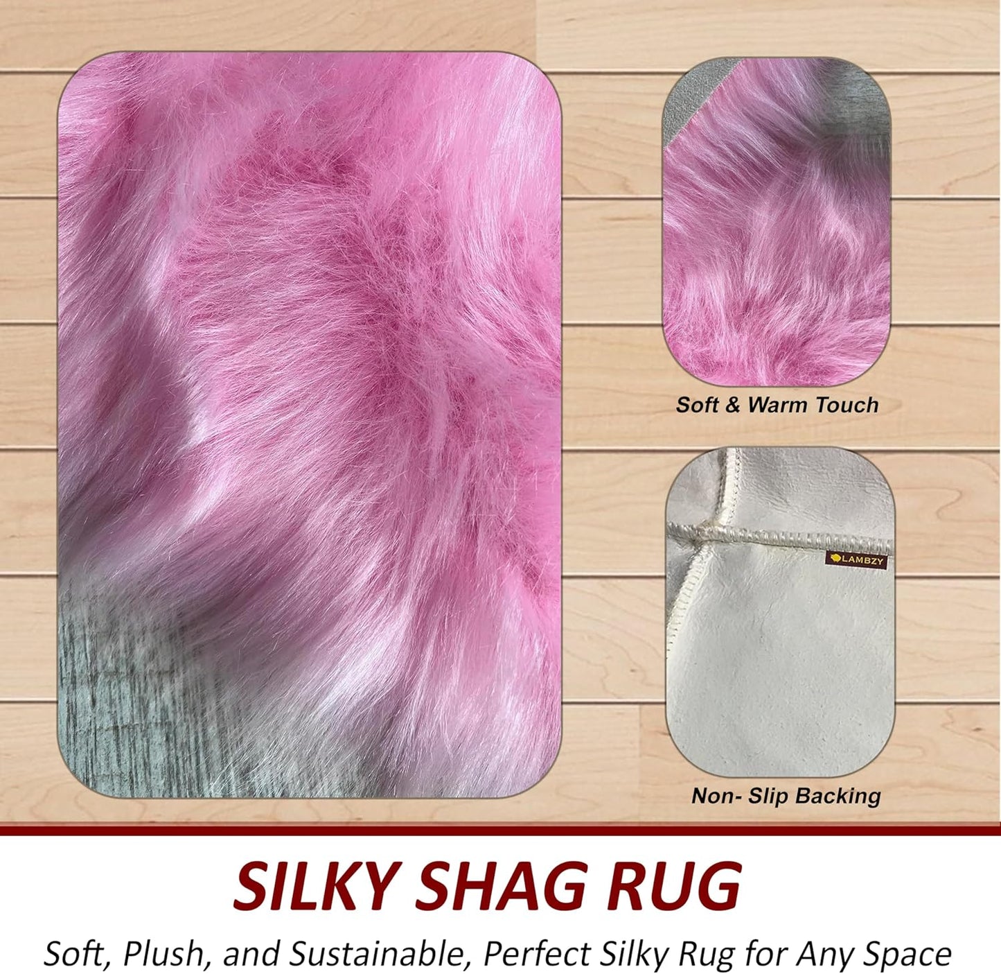 LAMBZY Faux Sheepskin Super Soft Hypoallergenic Free Shape Silky Shag Rug, Luxury Shaggy Plush Carpet for Bedrooms Living Kids Room Sofa Rugs (Pink, Single and a Half 2'x4')