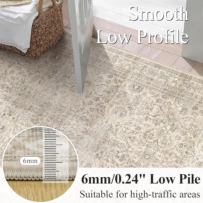 Schweek 8ft Circle Rug Neutral Beige Vintage Washable Non-Slip Round Rugs | - Image 3