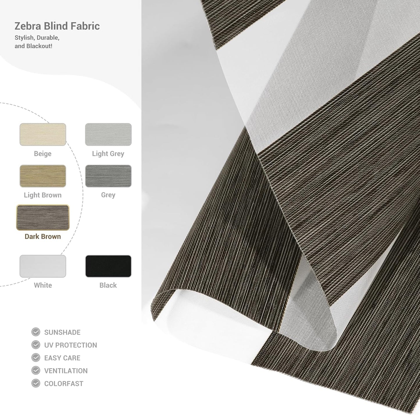 Cordless Zebra Blinds for Windows, Blackout Interior Blinds,Easy to Install,UV Protection,for Offices and Home,Custom Roller Shades, Mousse Dark Bown,78" W x 72" H