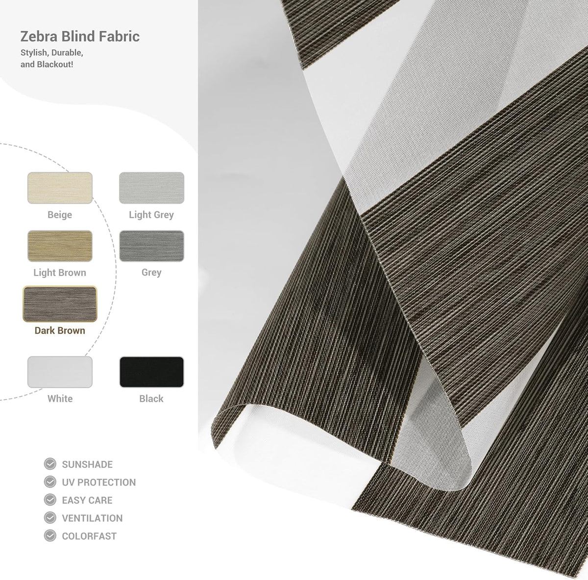 Cordless Zebra Blinds for Windows, Blackout Interior Blinds,Easy to Install,UV Protection,for Offices and Home,Custom Roller Shades, Mousse Dark Bown,32" W x 64" H