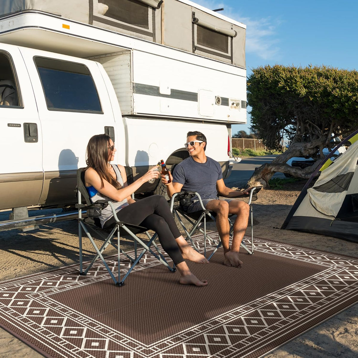GENIMO Outdoor Rug Waterproof for Patio, 9'x12' Foldable Reversible Plastic Straw Carpet for Travel Trailers, Outside Area Mat for Rv, Deck, Picnic, Porch, Camper, Balcony, Beach, Coffee & Beige