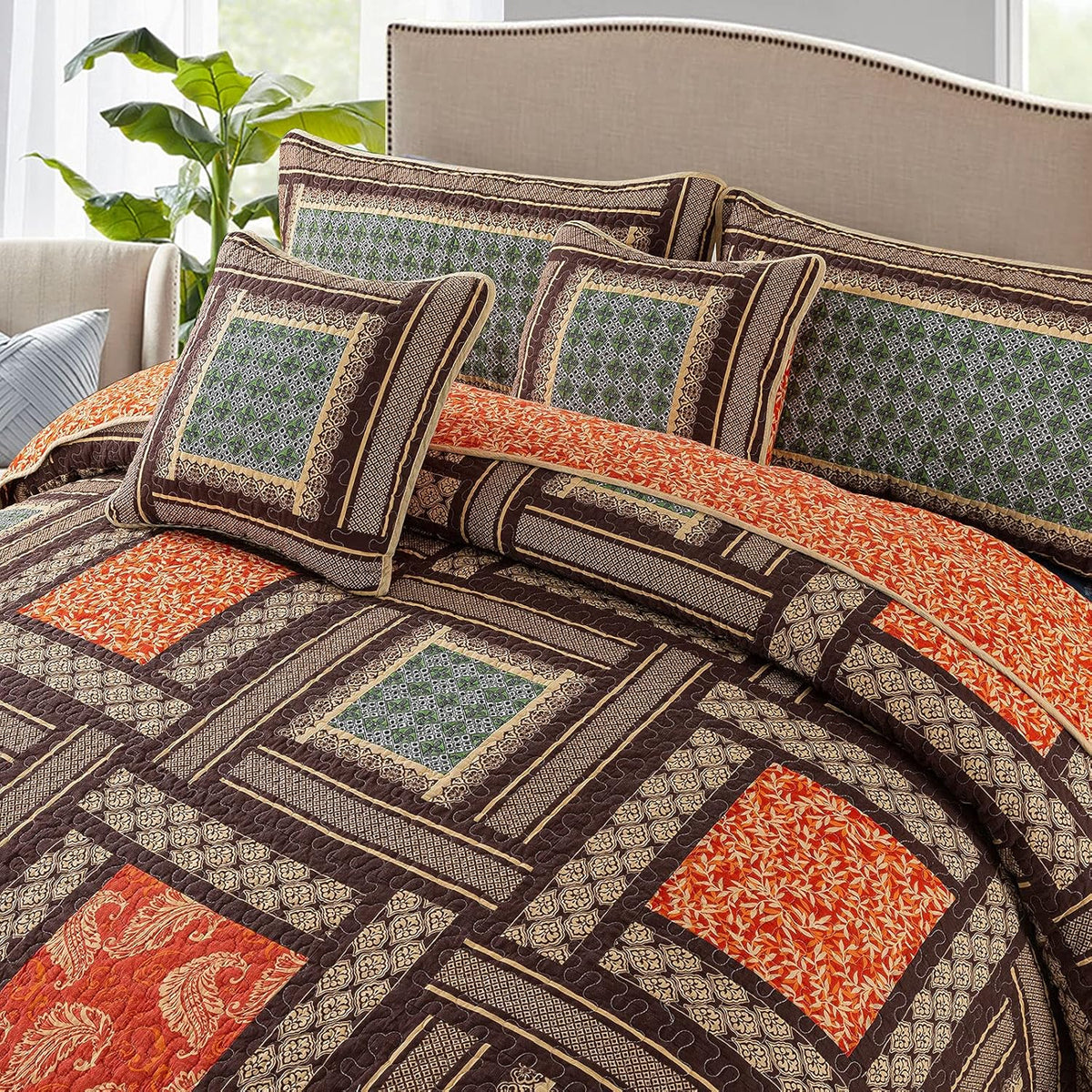 NEWLAKE Cotton Patchwork Bedspread, 3-Piece Bedding Quilt Set with Real Stitched Embroidery, Reversible Matelasse Bed Coverlet Set,Bohemian Farmhouse,Twin Size