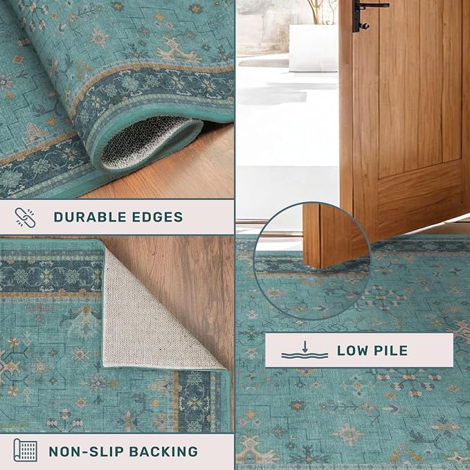 Washable 3x16 Extra Long Hallway Runner Rug, Boho Aqua Blue Large Kitchen Floor - Image 5