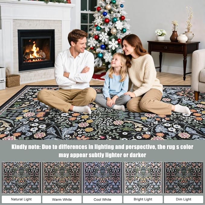 PLHXFR 6x9 Area Rug Living Room: Floral Washable Boho Carpet Dark Black | - Image 9