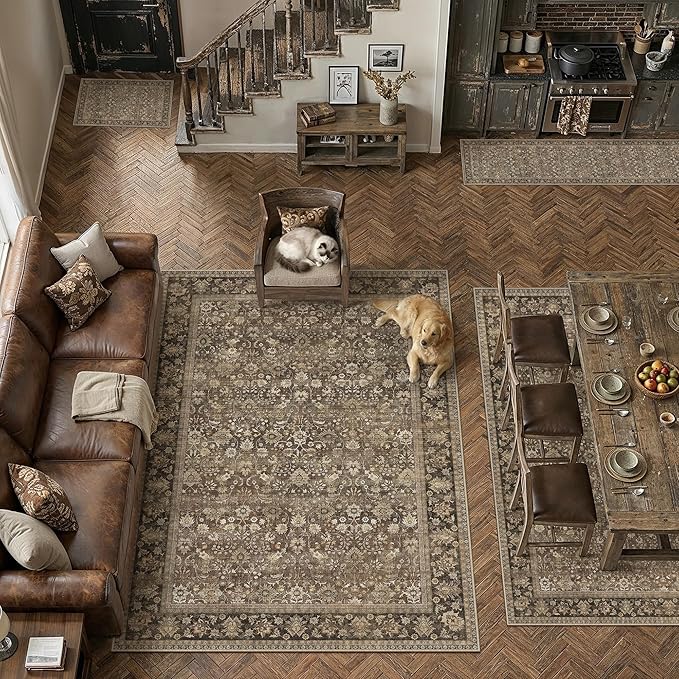 5ft Round Brown Vintage Floral Washable Rug - Image 4