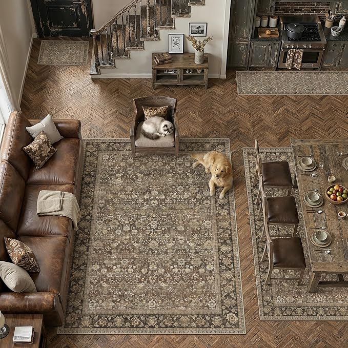 4ft Round Brown Vintage Floral Washable Rug - Image 4