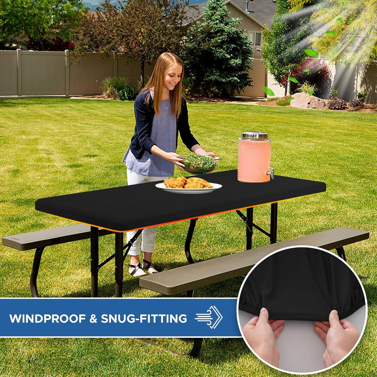 Fitted Tablecloth for 6 Foot Rectangle Tables-6 Pack Black Elastic Outdoor Picnic Table Cover-Spandex Stretch Folding Table Cloths 6 ft for Camping Dining Room Patio Kitchen Banquet Party