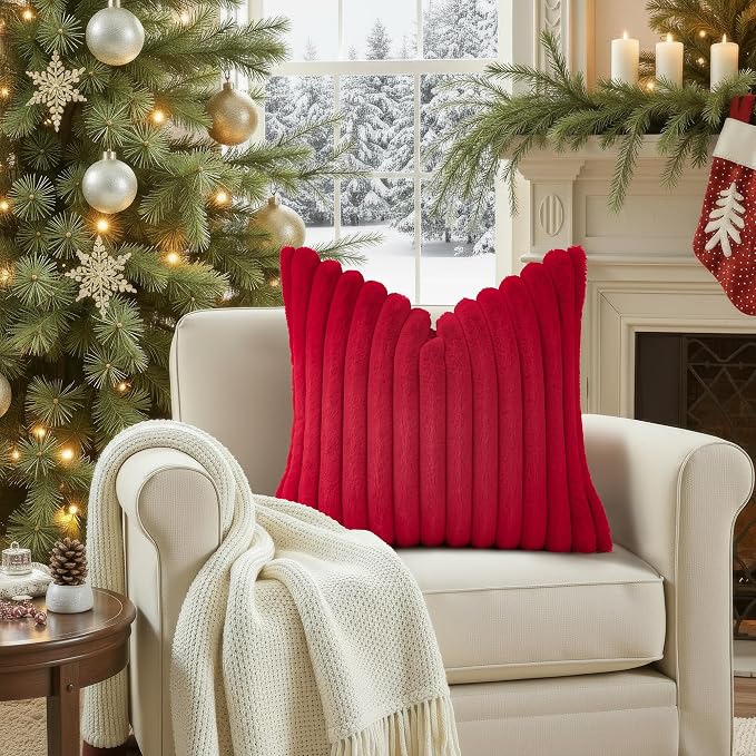 decorUhome Fall Faux Fur Throw Pillow Covers 12x20 Set of 2 Red | Decorative - Image 4