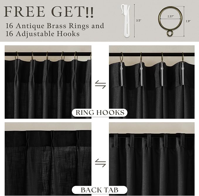 Black Pleated Linen Blend Semi Sheer Rustic Kitchen Curtains 63 Inch Long | - Image 5