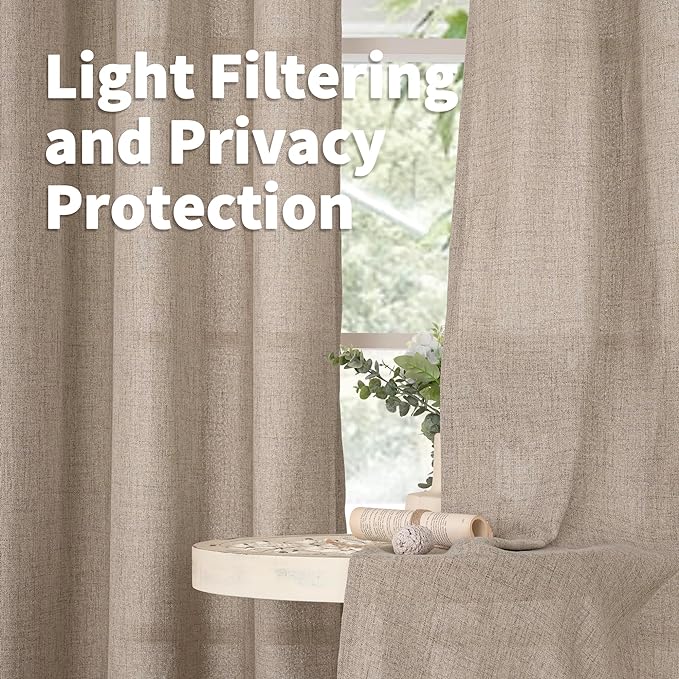 YoungsTex Oatmeal Linen Semi Sheer Curtains 63 lnch Length, Tan Drapes | - Image 3