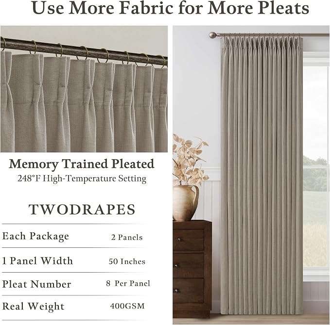 92 Inch Taupe Linen Pinch Pleated Light Filtering Curtains 50x92 2 Panels | - Image 5
