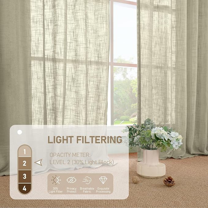 102 Inches Long Linen Curtains for Living Room Bedroom 2 Panels | Semi Sheer - Image 4