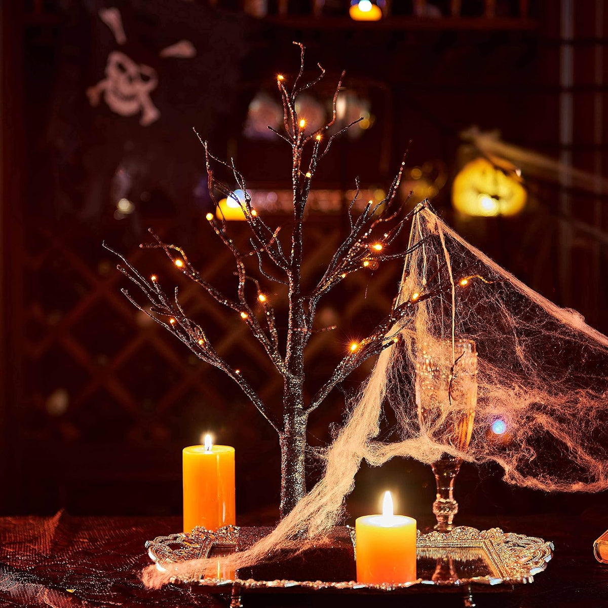 Hairui Lighted Tabletop Black Glittered Spooky Tree with Orange Lights 24 LED 18 Inches for Halloween Witch Decoration Battery Operated or USB Plug in Indoor Use