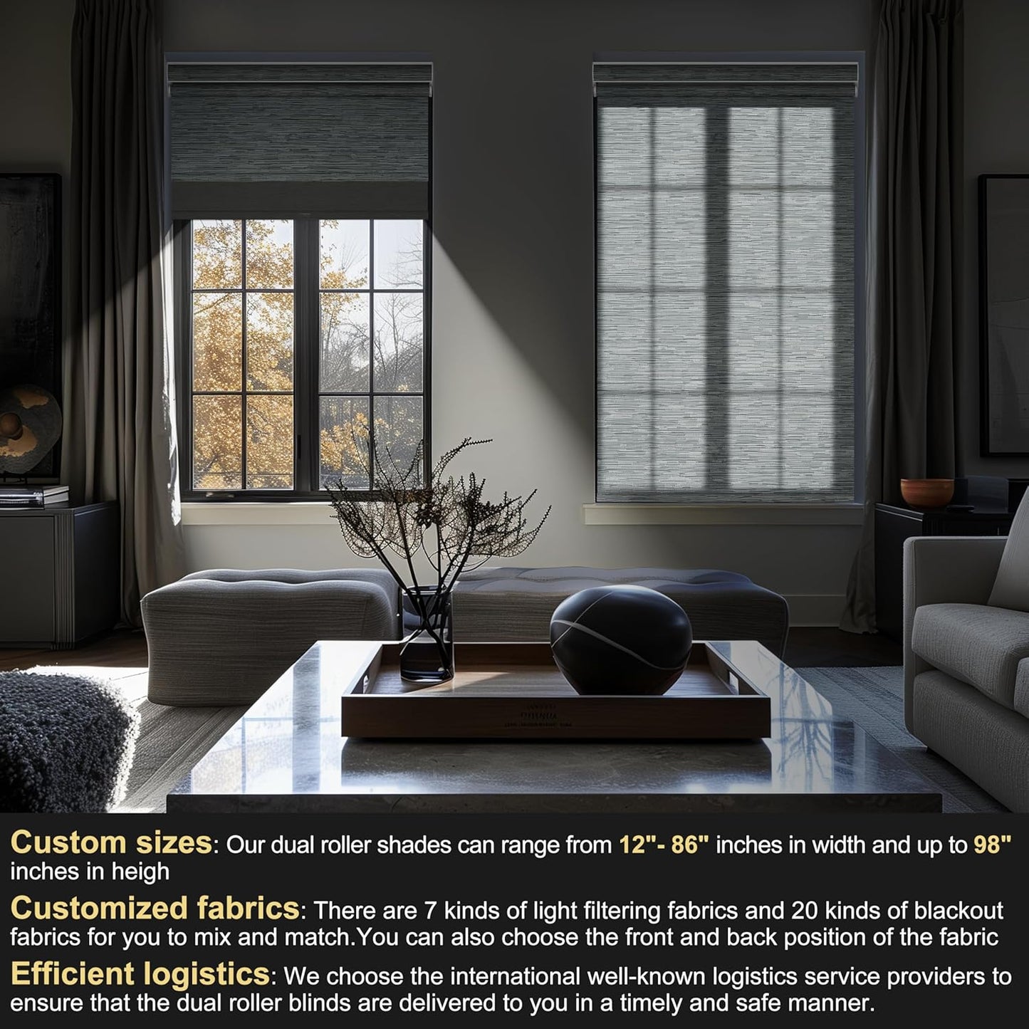 BERISSA Cordless Dual Roller Shades with Cassette Valance, Double Shades with Blackout and Light Filtering, Day and Night for Home, Office and Door. Striped Jacquard Grey. 35 W x 80" H