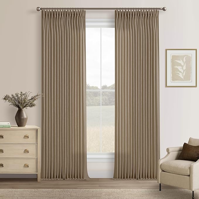 Latte Brown Pinch Pleated Thick Linen Semi Sheer Curtains 108 Inches Long | by Twodrapes