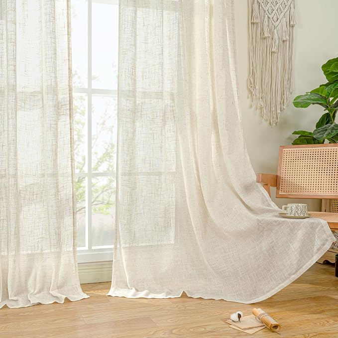 54 inches Long Semi Sheer Linen Curtains 2 Panels, Cream Ivory | Light - Image 9