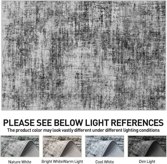 4x6 Area Rugs for Living Room: Washable Abstract Black Badroom Carpet | - Image 7