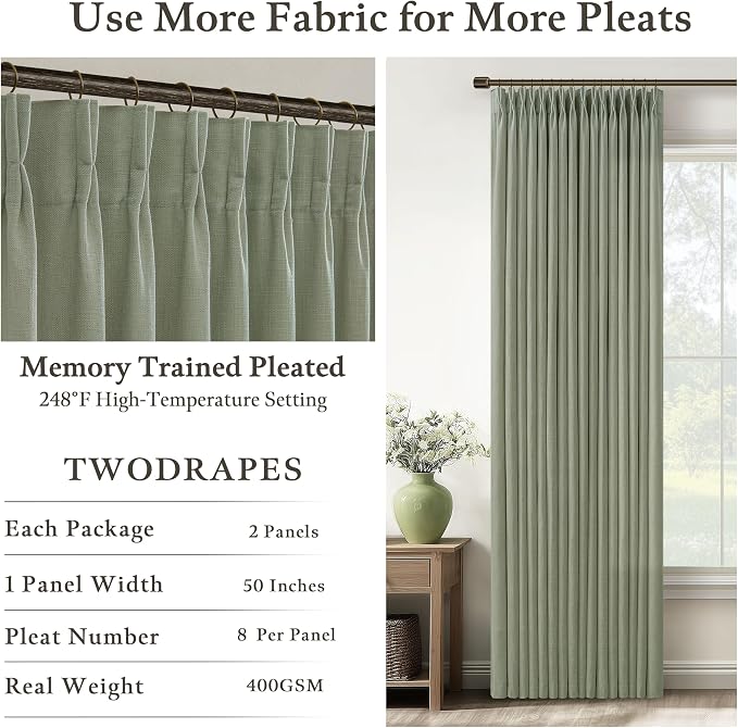 Semi Sheer Sage Green Pinch Pleated 50 Inch Wide Curtains 86 Inches Long | - Image 4
