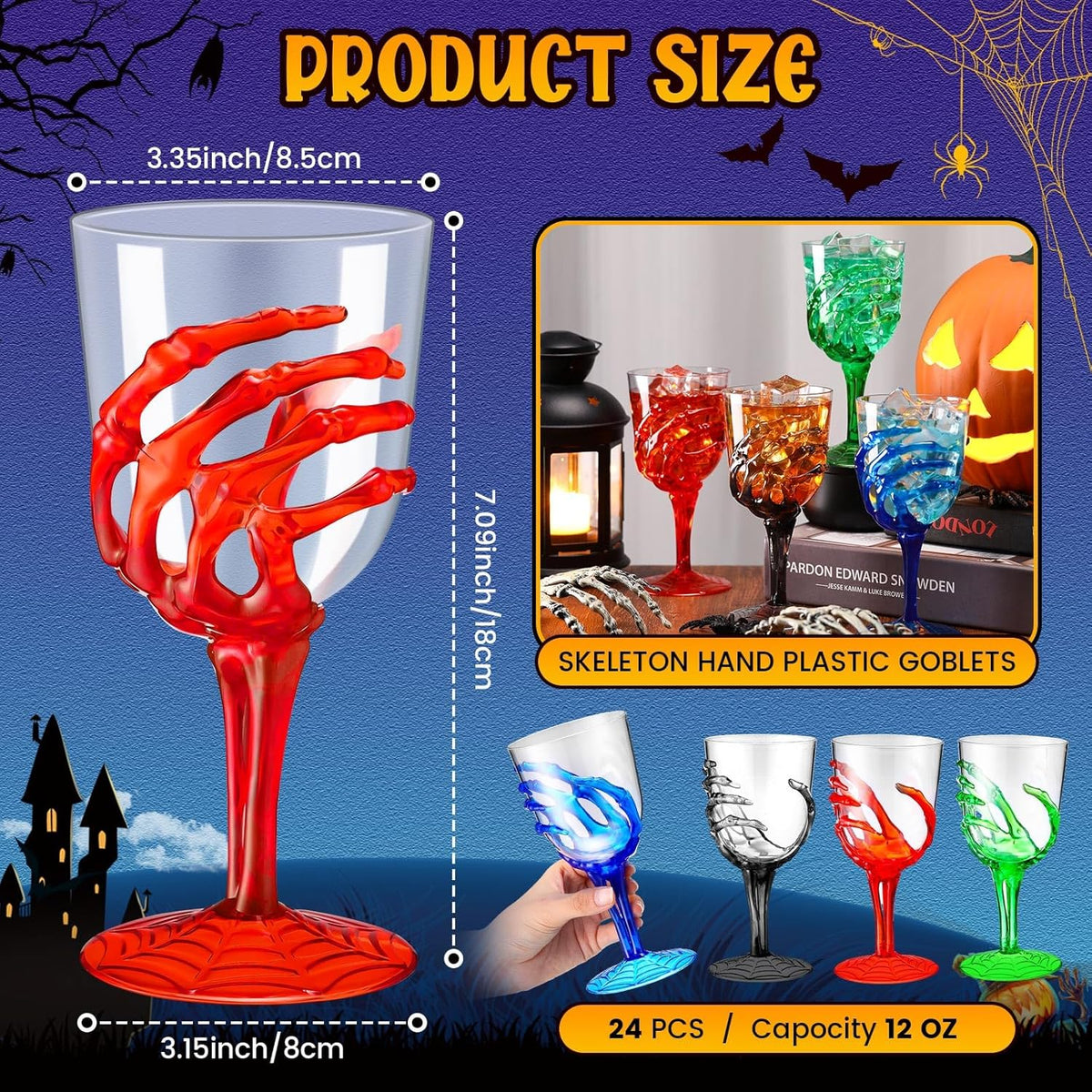 Sliner 24 Pcs Halloween Skeleton Hand Plastic Goblets 12 oz Spooky Skeleton Hand Goblets Halloween Wine Glasses Champagne Glassware Creepy Clear Cups for Party Haunted House, 4 Color