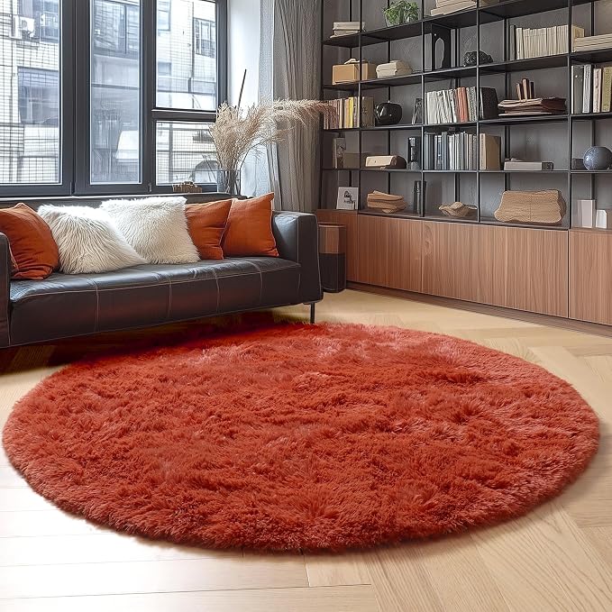 Amdrebio Terracotta Fluffy Round Area Rug 5Ft - Image 3