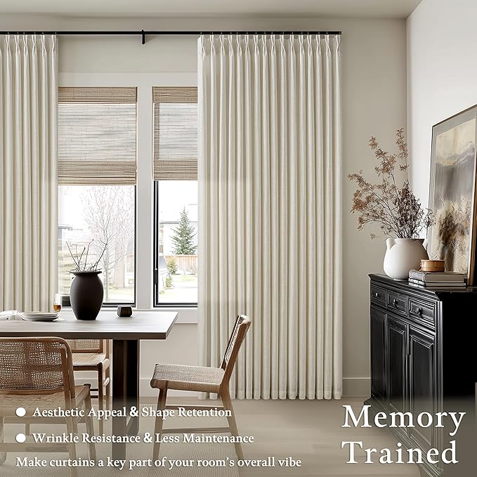Pinch Pleat 132 Inch Beige Linen Semi Sheer Memory Shaped Boho Curtains 50W | - Image 2