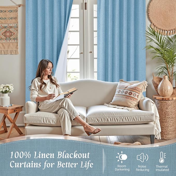 100% Blackout Linen Curtains 63 Inches Long, 60 x 63 Inch | Thermal Insulated - Image 2