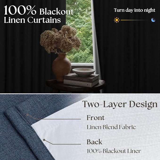 Navy Blue 108 Inch Pinch Pleated Blackout Linen Bedroom Curtains 2 Panels | - Image 4