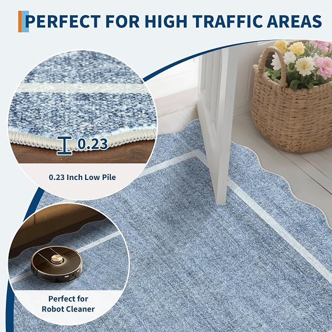 GarveeHome Scalloped Round Washable Rug, Soft Modern Round Rugs 5ft, Boho Blue - Image 4