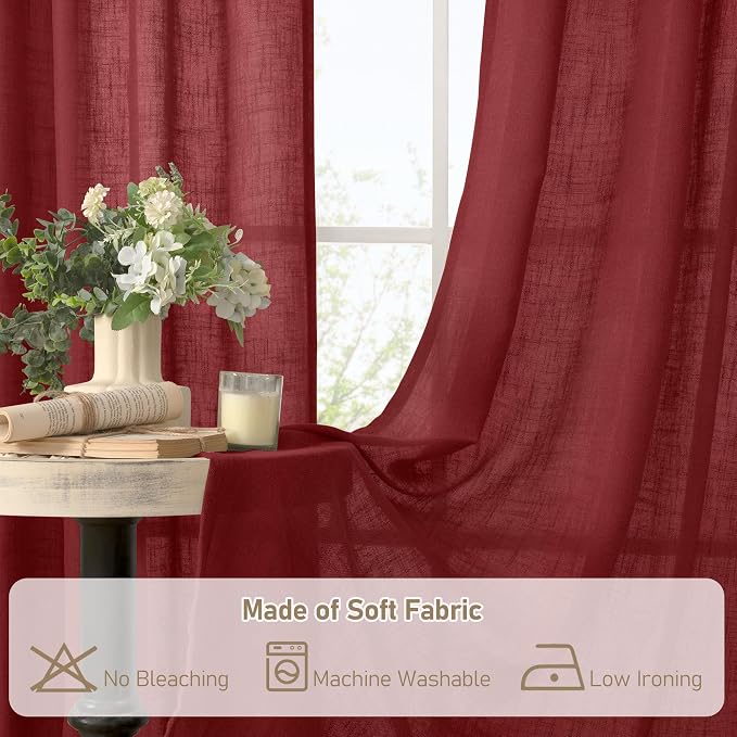 Burgundy Red Linen Curtains 48 Inch Length 2 Panels, Light Filtering Semi Sheer - Image 9