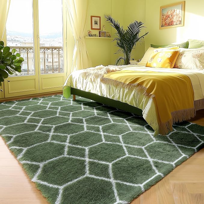 Area Rugs for Bedroom Living Room, 4x6 Fluffy Olive Green and White Rug | - Image 5