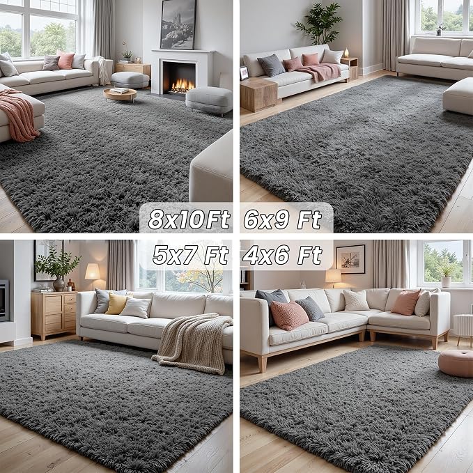 9x12 Fluffy Shag Area Rugs for Living Room Bedroom: Soft Plush Carpet Grey | - Image 8