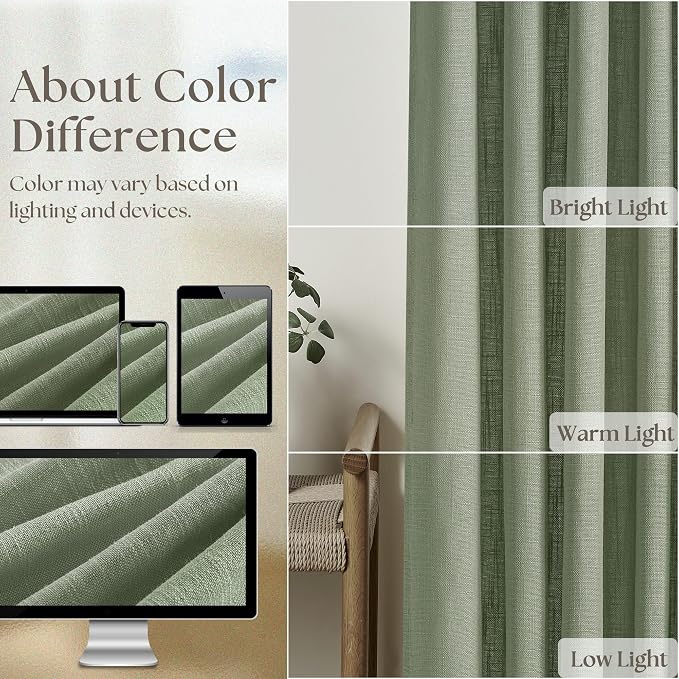 Pinch Pleated Sage Green Thick Linen Curtains 96 Inch Length 2 Panels Set | - Image 4