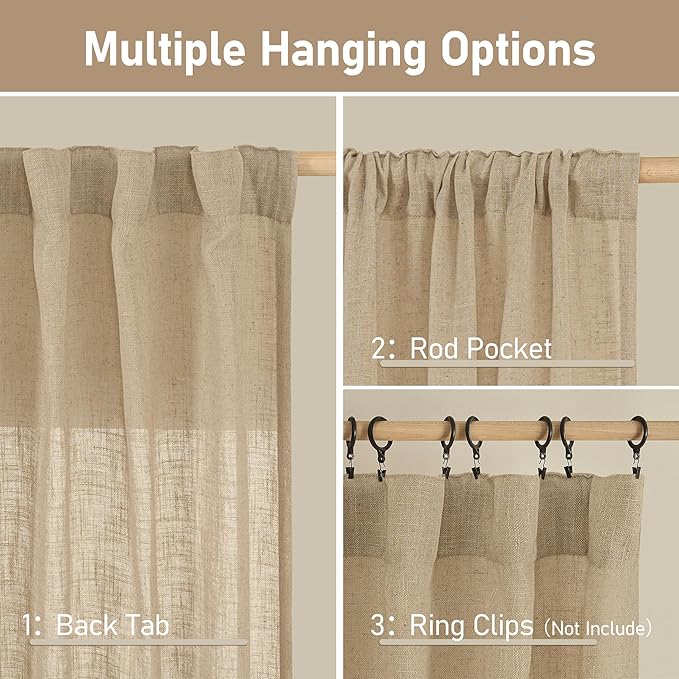 Brown Sheer Linen Curtains 48 Inch Length 2 Panels, 34 x 48 Inch | Semi Sheer - Image 2