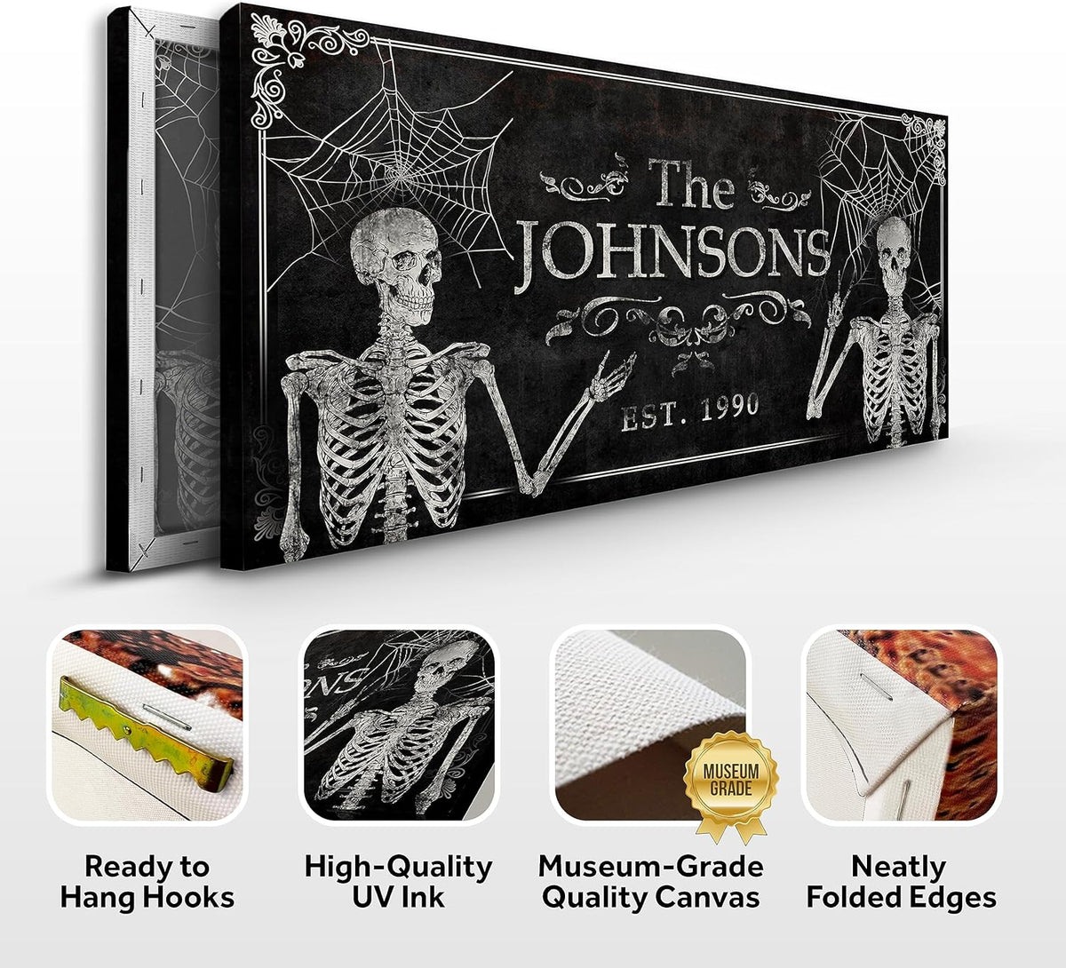 Tailored Canvases Gothic Family Wall Decor - Personalized Grunge Vintage Skeleton Room Decor for Home, Halloween Lovers, Men & Women for Bedroom, Living Room - Custom Couple Name, White Print, 60"x30"