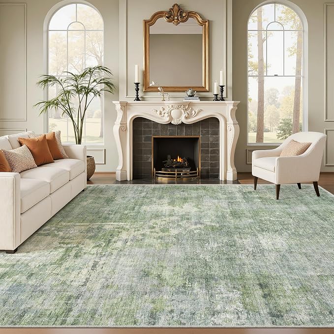 Soalmost Abstract Rug 8x12 Large Living Room Area Rugs Washable Green/Ivory | - Image 2