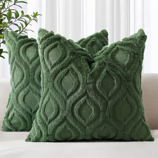 decorUhome Throw Pillow Covers 18x18 Inch Set of 2, Soft Plush Decorative Faux Fur Forest Elf Solid Couch Pillow Covers, Accent Farmhouse Neutral Square Euro Pillow Cases for Sofa Bed Living Room