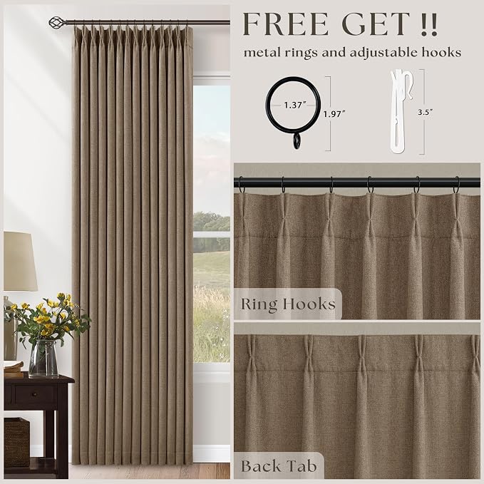 Latte 90 Inch Pinch Pleated Blackout Linen Curtains - Image 4