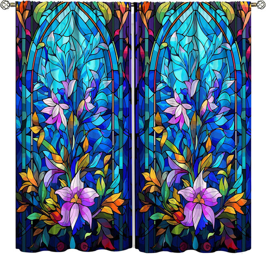 Stained Glass Curtains,Abstract Colorful Floral Geometric Art Home Decor Drapes for Bedroom Living Room Kitchen Window Treatment 2 Panels Set Total Size 42" W X 45" L Inch