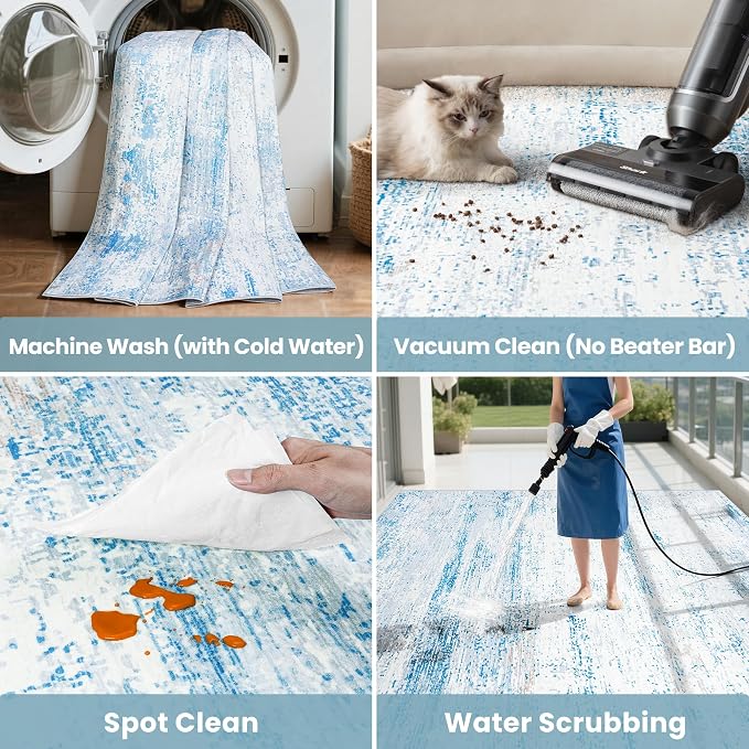 10x14 Washable Area Rug for Living Room Bedroom: Non-Slip Modern Light Blue | - Image 6
