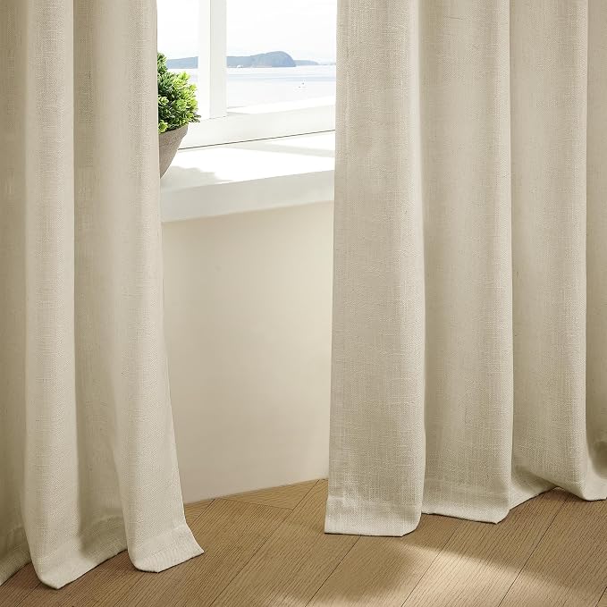 Beige Pinch Pleated Linen Curtains 105 Inches Long 2 Panels | Memory Training - Image 3
