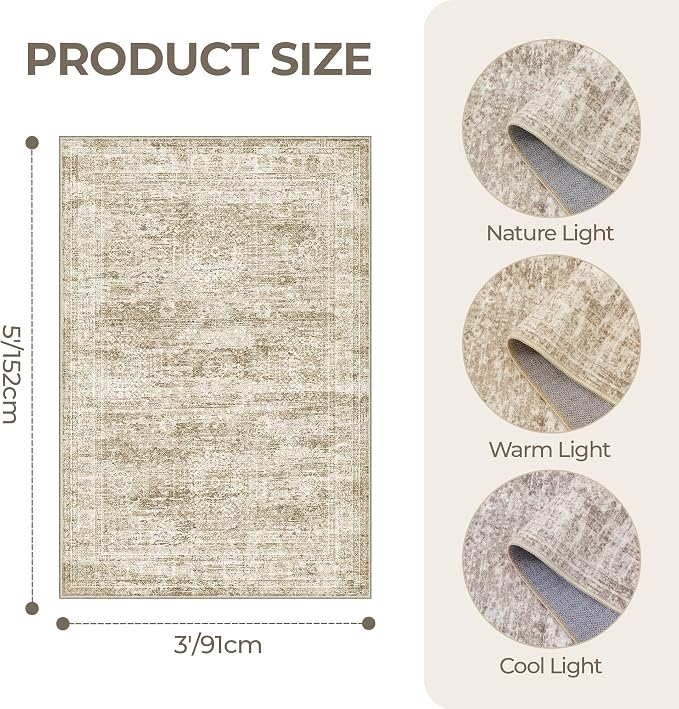 3x5 Rug for Entryway, Washable Area Rug, Living Room, Dining Room, Neutral Rug - Image 2