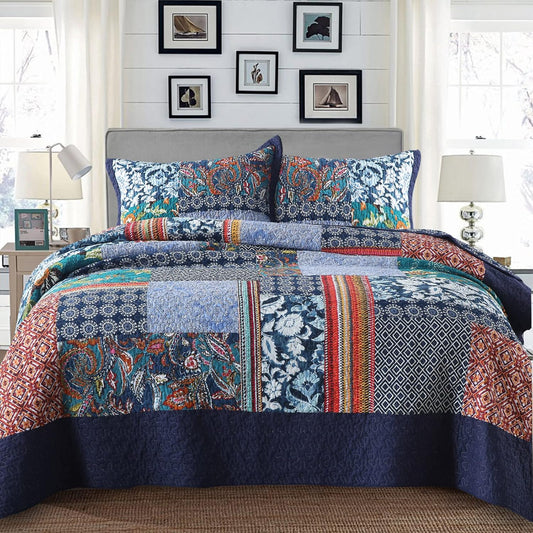 Yvooxny Queen Quilt Set Reversible Lightweight Bohemian Paisley Patchwork Cotton Quilted Bedspread Coverlet Set 3-Piece Bedding Set with Shams for All Seasons, Queen Size, 98 * 90 Inches