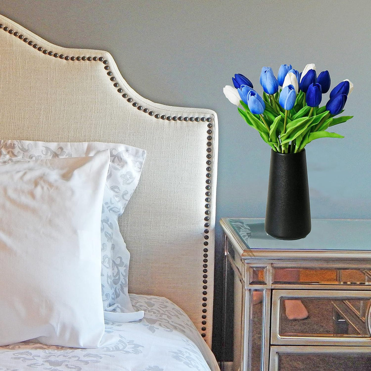 Mandy's Artificial Tulips 20 Stems Shades of Blue PU Faux Flowers for Wedding Home Decor 13.5 Inch