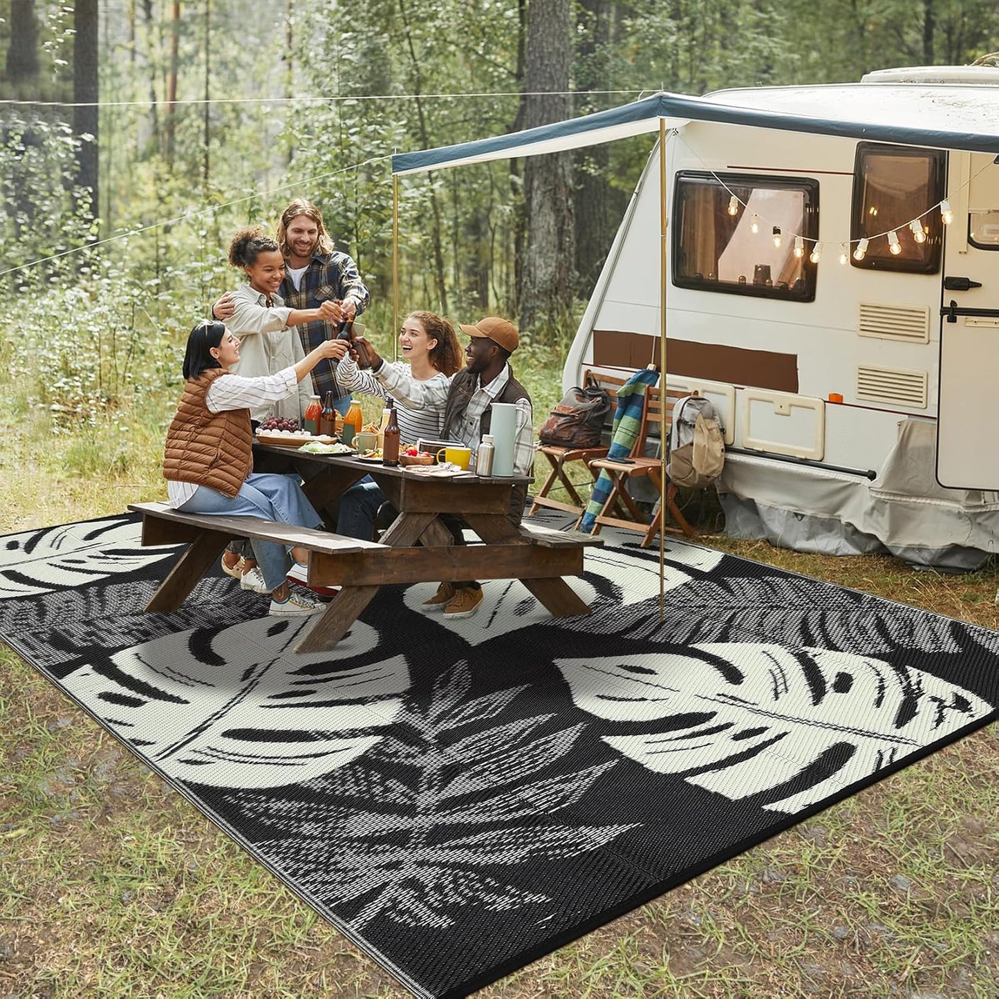 GAOMON Outdoor Rug Waterproof 9x18 Patio Rug Reversible Camping Mat, Foldable Portable Outdoor Plastic Straw Rugs RV Picnic Carpet with Bag & 4 Stakes, UV Resistant Outside Carpet for Deck Balcony