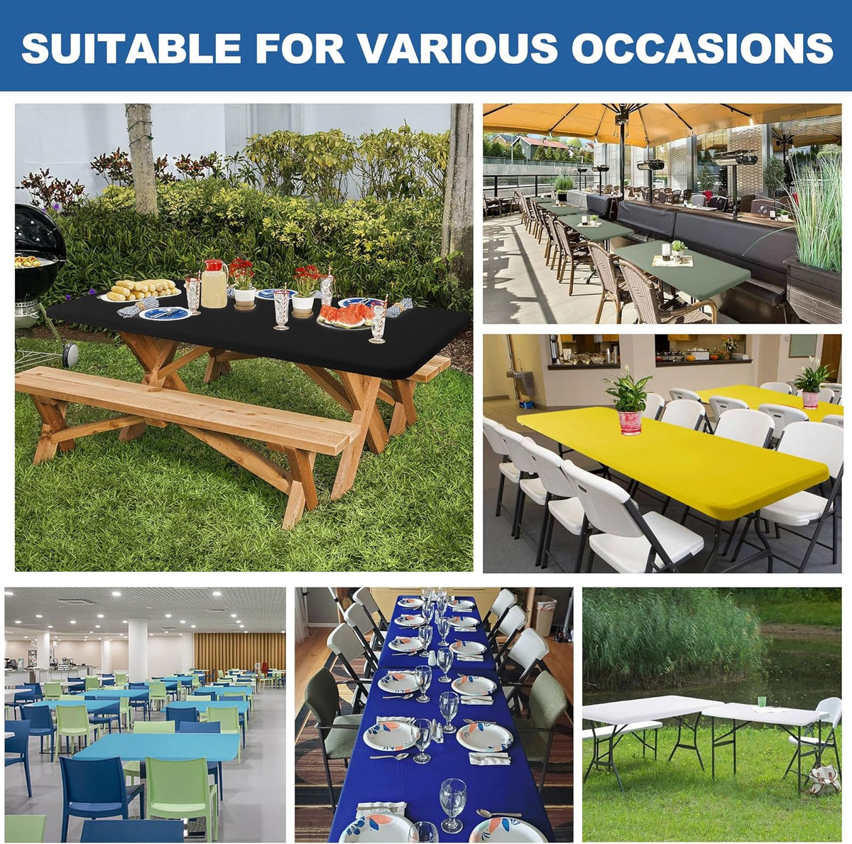 Fitted Tablecloth for 8 Foot Rectangle Tables-4 Pack Black Elastic Outdoor Picnic Table Cover-Spandex Stretch Folding Table Cloths 8ft for Camping Dining Room Patio Kitchen Banquet Party