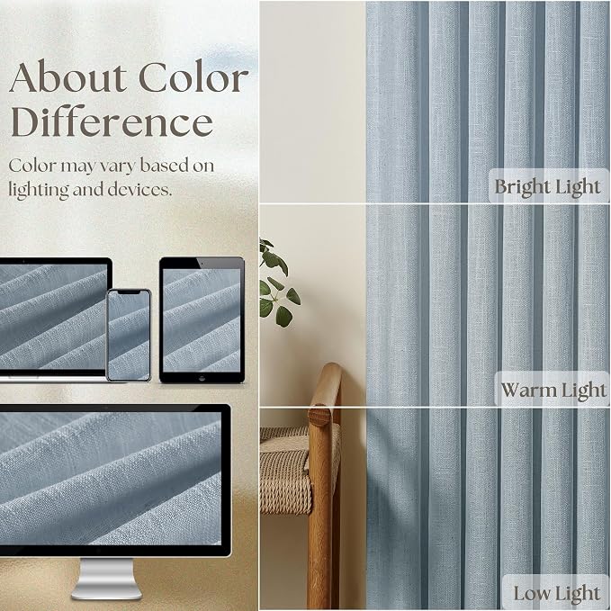 Dusty Blue Linen Pinch Pleated Curtains 108 Inches Long 2 Panels | Semi Sheer - Image 4